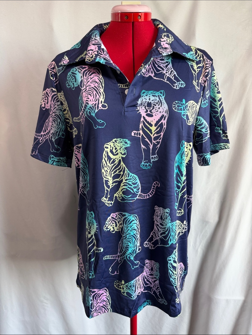 Men's Navy Polo with Pastel Tiger Print